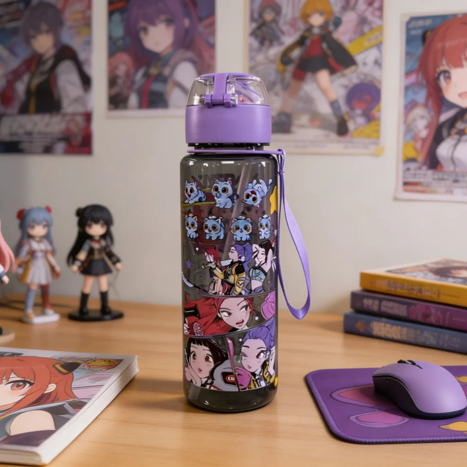 Purple Cartoon Dancing Girl Group Pattern Water Bottle, Double-sided Printed, Black & Transparent Cup Body, Leak-proof Large Cap