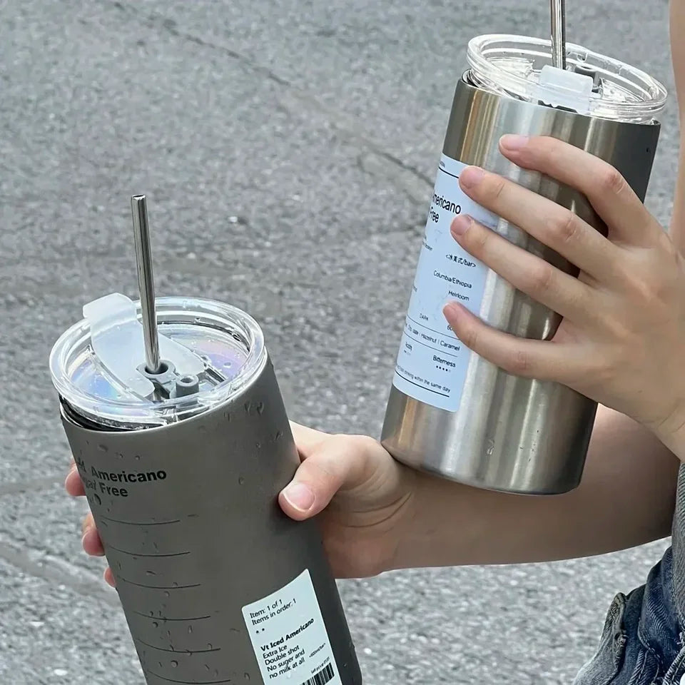 Thermos Cup Portable 304 Stainless Steel Coffee Mug Thermal Leak-proof Water Bottle with Straw Insulated Bottle Drinkware