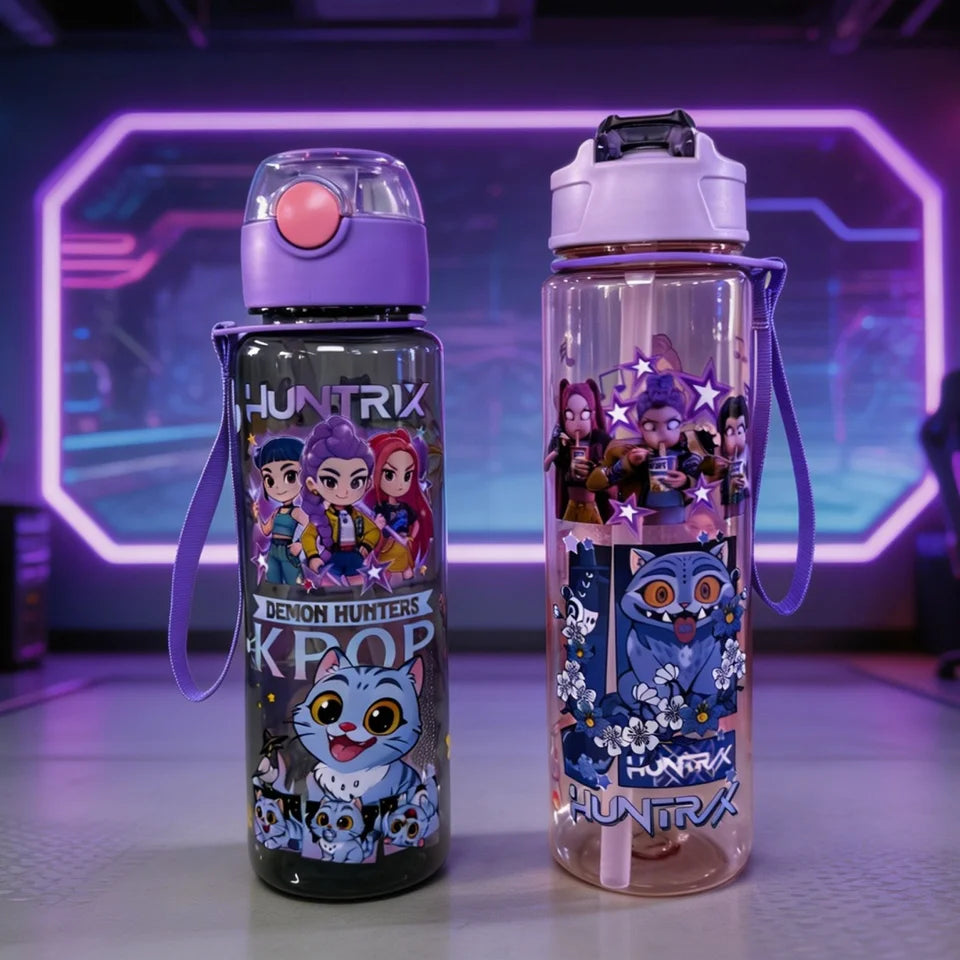 Purple Cartoon Dancing Girl Group Pattern Water Bottle, Double-sided Printed, Black & Transparent Cup Body, Leak-proof Large Cap