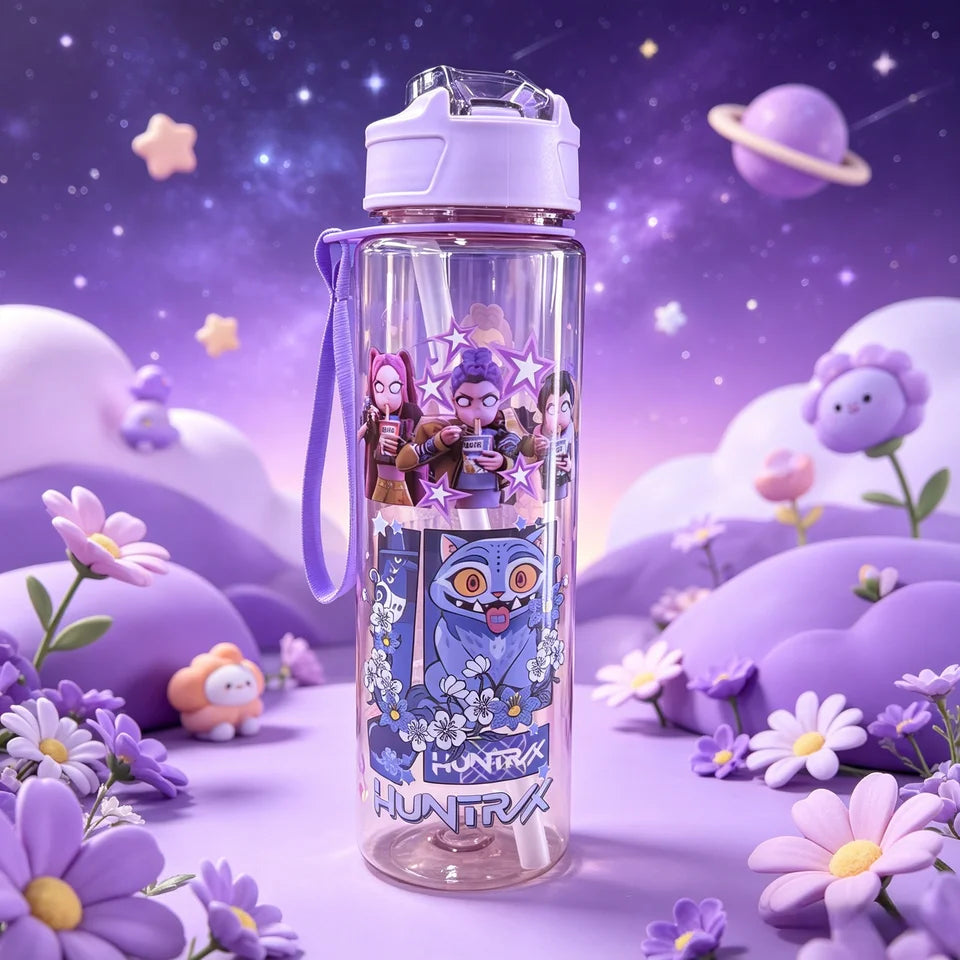 Purple Cartoon Dancing Girl Group Pattern Water Bottle, Double-sided Printed, Black & Transparent Cup Body, Leak-proof Large Cap