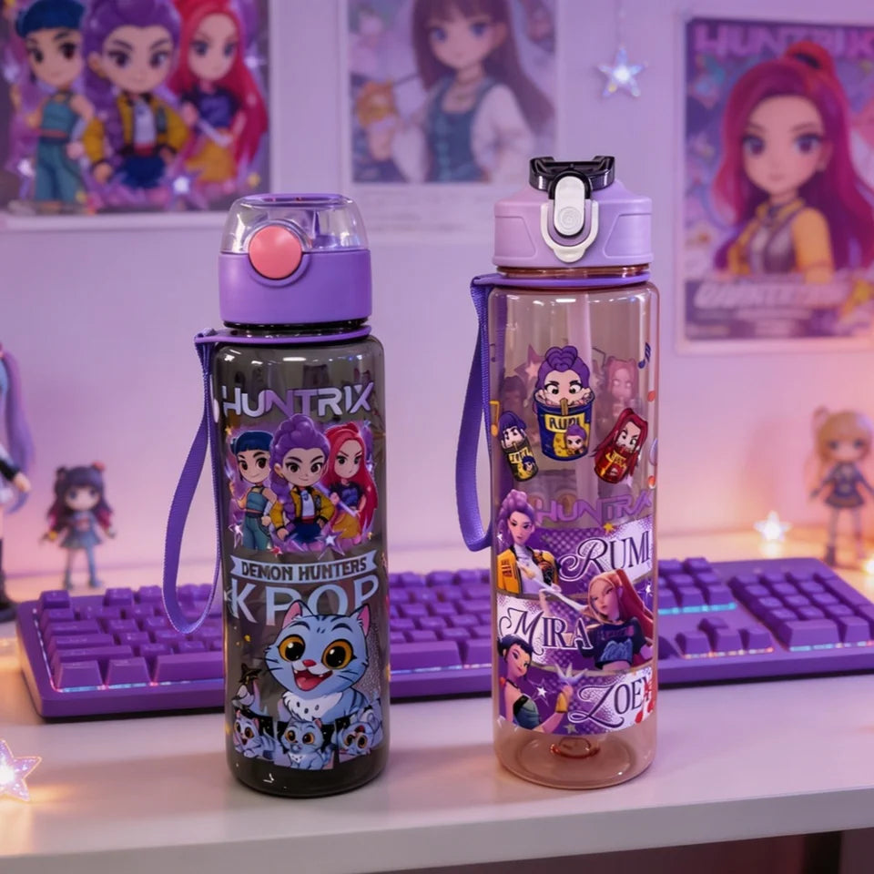 Purple Cartoon Dancing Girl Group Pattern Water Bottle, Double-sided Printed, Black & Transparent Cup Body, Leak-proof Large Cap