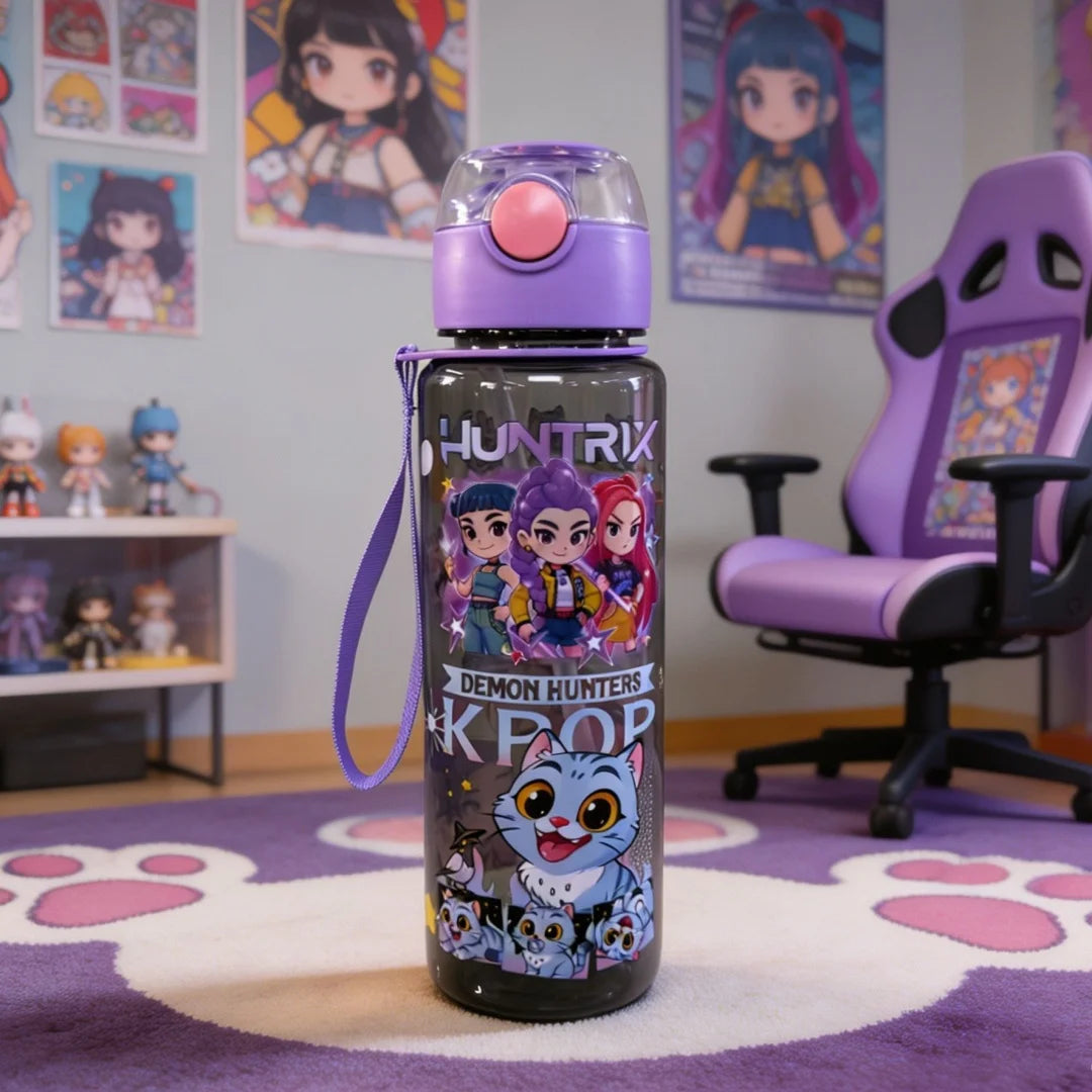 Purple Cartoon Dancing Girl Group Pattern Water Bottle, Double-sided Printed, Black & Transparent Cup Body, Leak-proof Large Cap