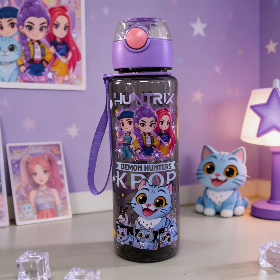 Purple Cartoon Dancing Girl Group Pattern Water Bottle, Double-sided Printed, Black & Transparent Cup Body, Leak-proof Large Cap