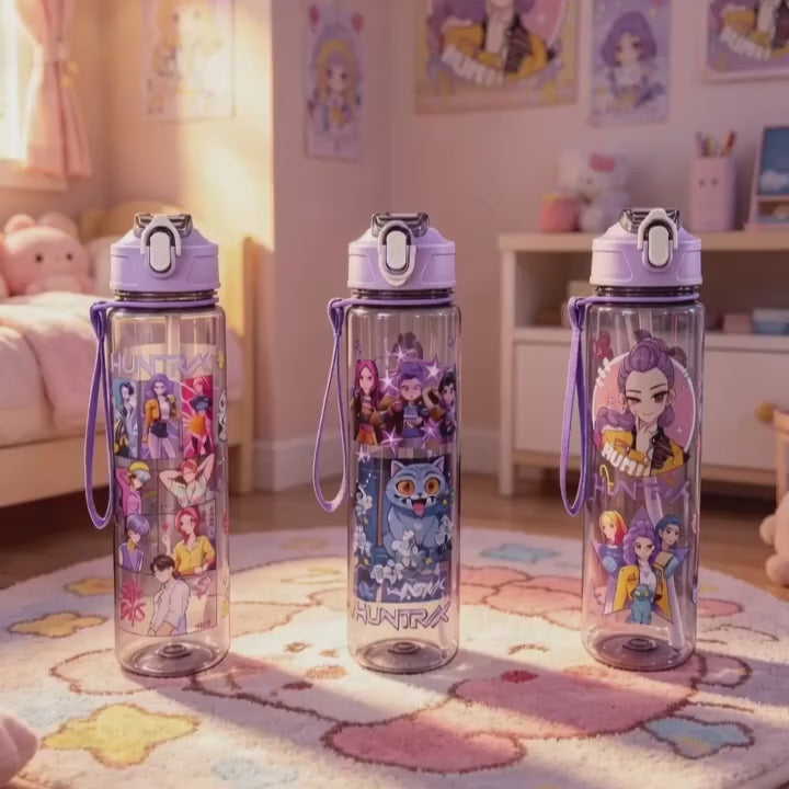 Purple Cartoon Dancing Girl Group Pattern Water Bottle, Double-sided Printed, Black & Transparent Cup Body, Leak-proof Large Cap